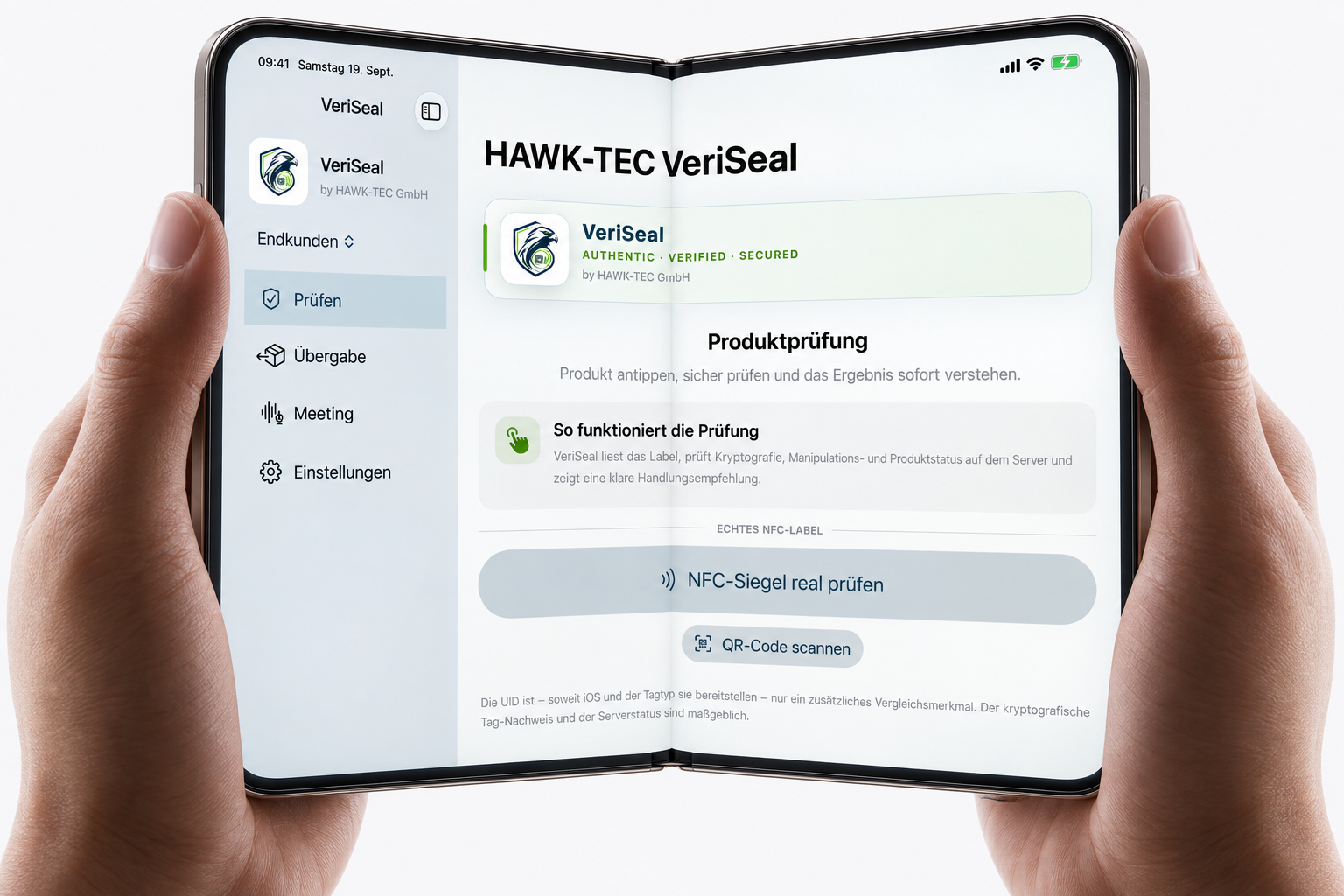 Groß dargestelltes iPhone Duo mit der VeriSeal-Produkteprüfung auf dem aufgeklappten Display